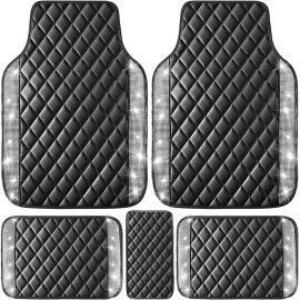 Bling Leather Car Floor Mats Full Set, Sparkly Diamond Car Mats Universal Fit Most Automotive, Waterproof Anti-Slip, 5 pcs Set